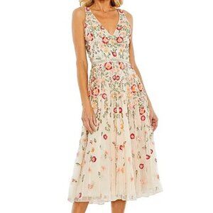 Mac Duggal Nude Multi V-Neck Midi Floral Beaded A-Line Dress